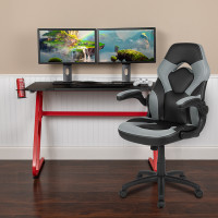 Flash Furniture BLN-X10RSG1030-GY-GG Red Gaming Desk and Gray/Black Racing Chair Set with Cup Holder and Headphone Hook